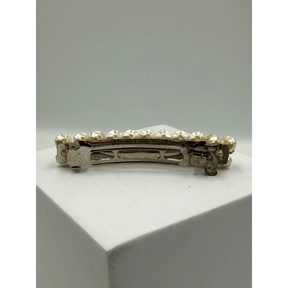 Vintage Faux Pearl Beaded Hair‎ Barrette Cream Gold Tone French Clip Accessory